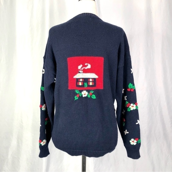 Vintage early 90s Christmas sweater intarsia embroidered navy red white scenic M - Picture 5 of 10